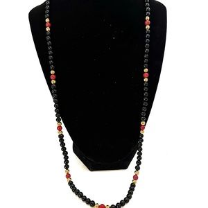 Trifari Black Gold Bead Necklace Maroon 28” Classic Stunning Statement Piece